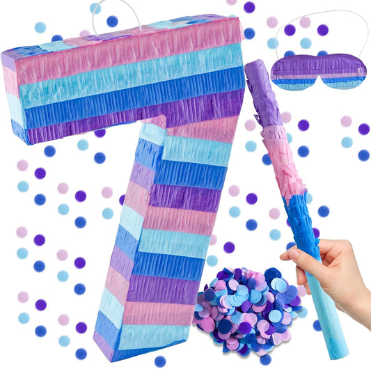 Video Game Birthday Decorations, 15.7‘’ Number 7 Video Game Pinata with 16 Inch Pinata Stick Blindfold Confetti for Game Enthusiast Party Decoration Supplies (7th)