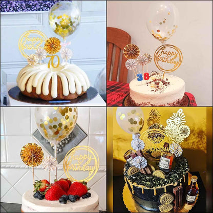 Cake Topper Decoration Set Acrylic Glitter Happy Birthday Cake Topper with Confetti Balloon Paper Fans Stars Firework Cupcake Toppers for Gold Theme Decor Girl Women Birthday Party Supplies (Gold)