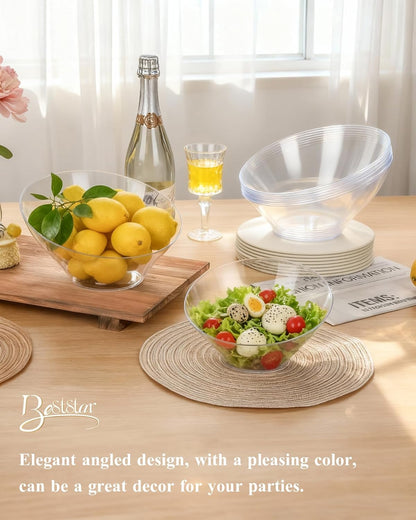 BESTSTAR Clear Plastic Serving Bowls 8 Pack 54 OZ– Angled Disposable Party Bowls for Chips, Salad, Fruit & Candy – Heavy Duty Clear Serving Bowls for Parties, Buffet, Catering, Wedding, Daily Use