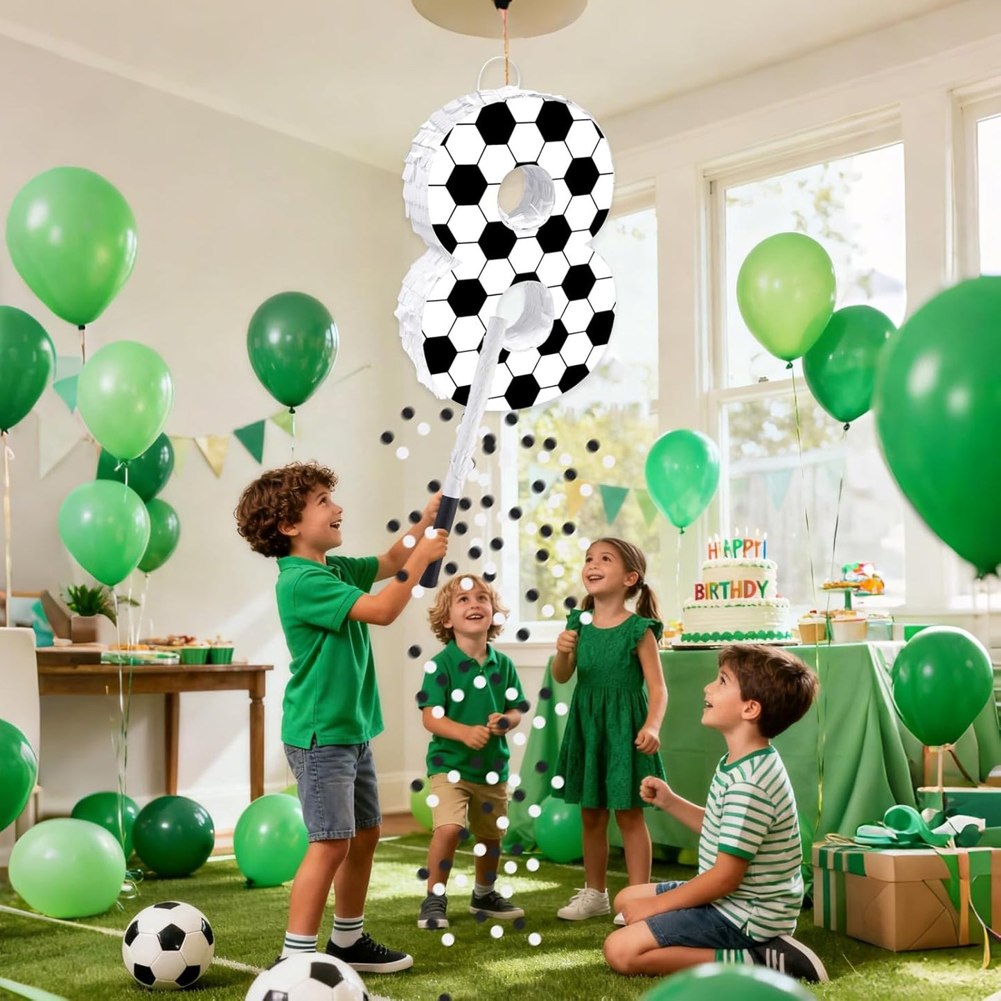 16Inch Soccer Ball Number 9 Piñata Includes Wooden Stick, Blindfold, and Confetti for for Kids 7th Anniversary Sport Themed Party Birthday Supplies