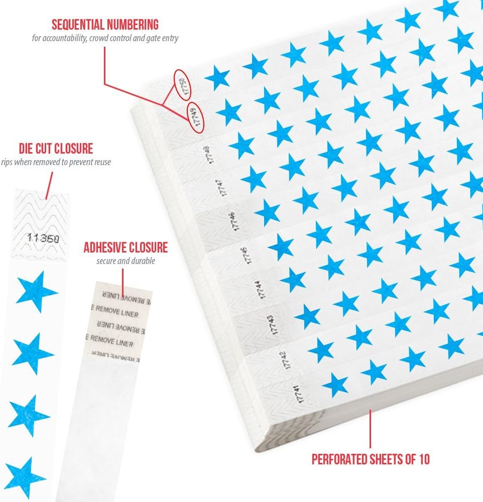 500 WristCo Red Stars Tyvek Wristbands for Events - Comfortable Tear Resistant Paper Bracelets ID Wrist Bands for Concerts Festivals Admission Party Identification Tours