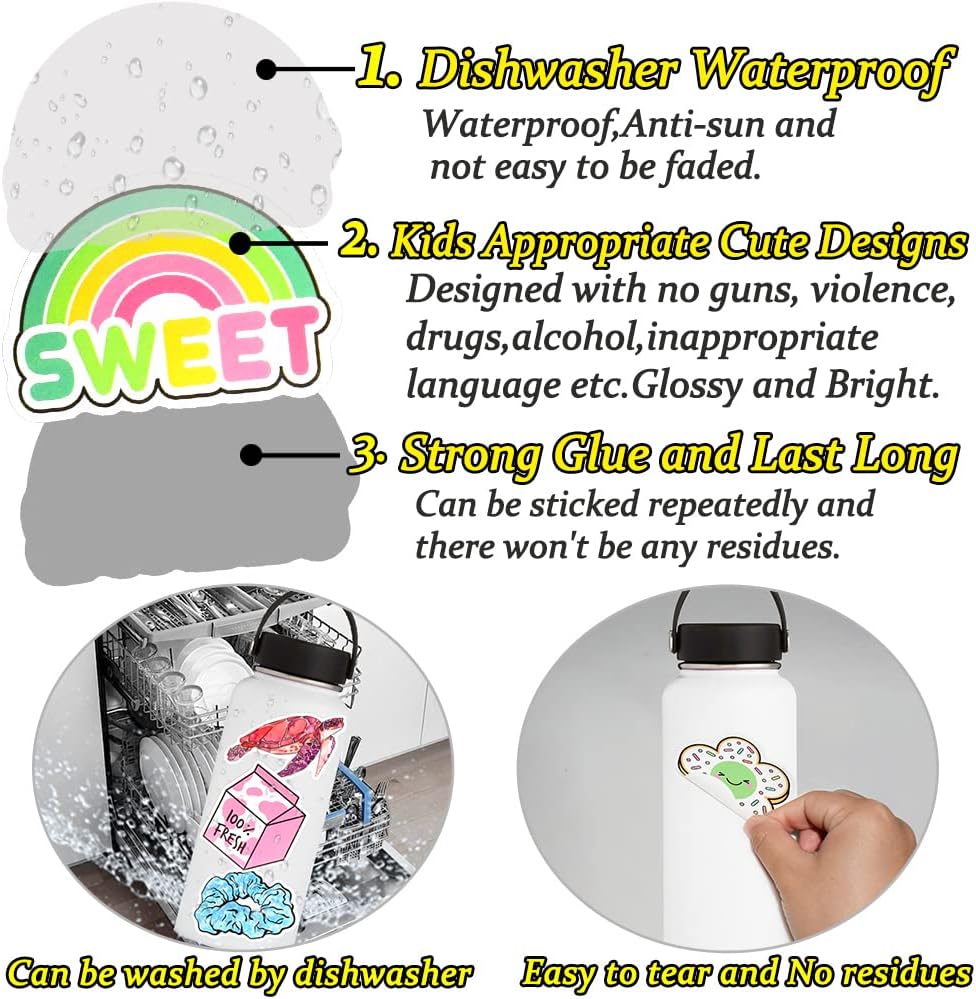QTL Neon Stickers for Teens & Students Prizes, Waterproof Vinyl Party Favor Stickers, School Rewards, Water Bottle and Laptop, 50PCS - Colors B