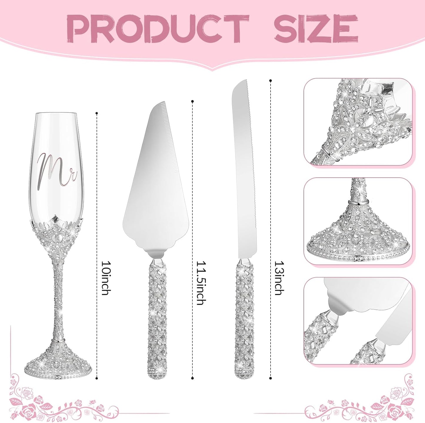 Sratte 4 Pcs Wedding Cake Knife and Champagne Flutes Server Set, Toasting Crystal Rhinestone Champagne Flutes Glasses Cake Knife Pie Server Wedding Gifts for Couple Bride Groom(Gold)