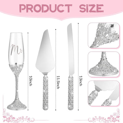 Sratte 4 Pcs Wedding Cake Knife and Champagne Flutes Server Set, Toasting Crystal Rhinestone Champagne Flutes Glasses Cake Knife Pie Server Wedding Gifts for Couple Bride Groom(Gold)