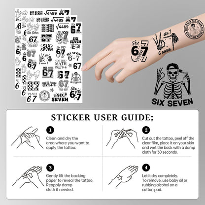 Black 6 7 Temporary Tattoos, 8 Sheets Funny 67 Party Favors Decorations, Six Seven Number Tattoo Stickers for Sport Teams Activity Party Supplies Gifts Prizes Rewards