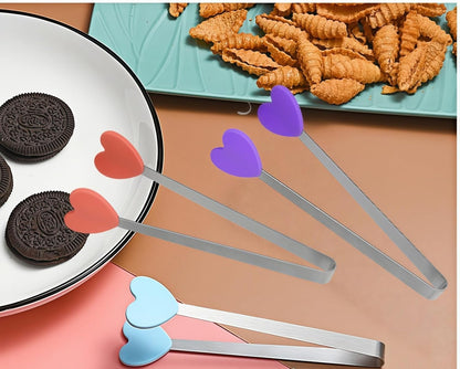 8PCS Mini Food Tongs, Small Stainless Steel Tongs with Silicone Tips, for Ice Cube, fruits, Sugar, Barbecue, 5.3 inch，8 Colors (Heart shape)