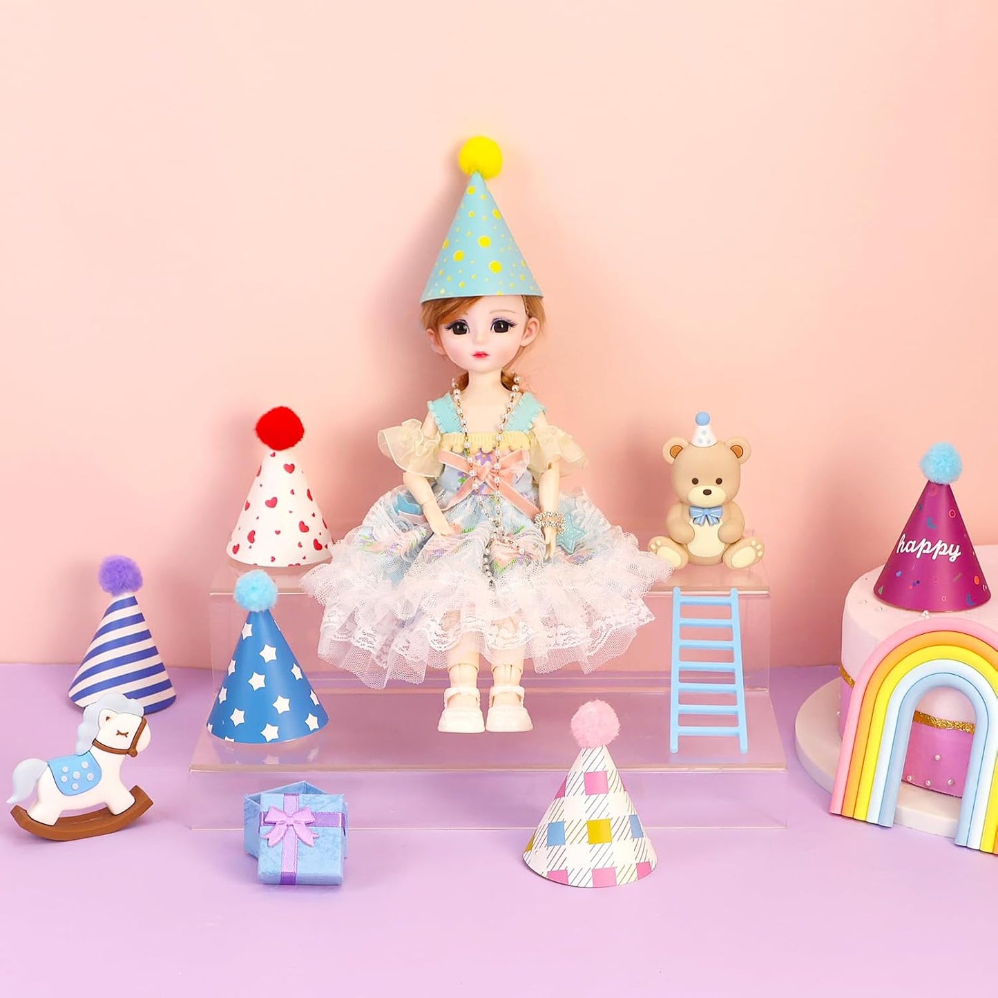 12 Pack Mini Party Hats for Stuffed Animals, Mini Hats with Pom Poms Dog Birthday Party Hats for Dolls Dog Cat Pet Birthday Decoration