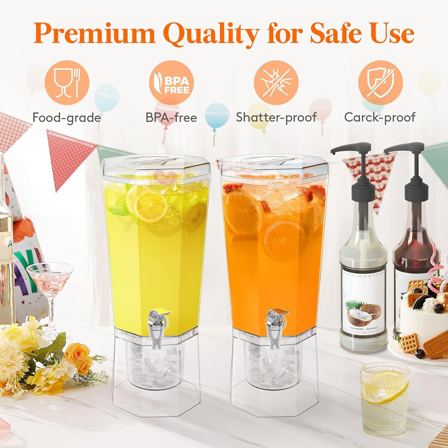 Lifewit 1 Gallon Drink Dispenser for Parties 2 Pcs, Plastic Beverage Container for Juice/Tea/Soda with Stand & Ice Core, Clear Lemonade Dispenser with Spigot, BPA Free Water Pitcher 39 x 16 cm/15x6"