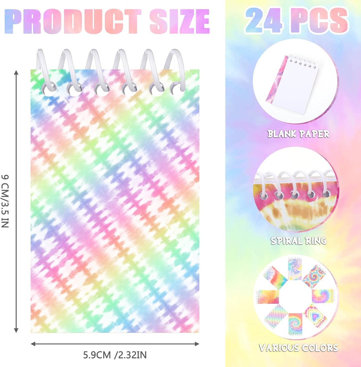 Honoson 48 Pcs Mini Tie Dye Notepads for Pocket Little Notepads Spiral Mini Notebooks, Small Note Pads and Pencils Bulk Tie Dye Birthday Party Favor Art Supplies(Light)