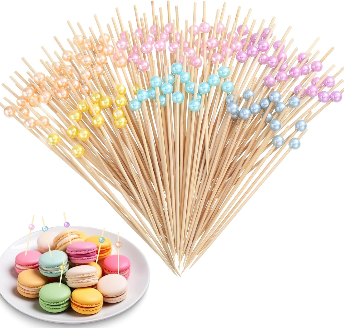 Reallnaive 600 Pcs Cocktail Pick Pearl Fancy Toothpick for Appetizer 4.7 Inch Long Skewer for Drink Fruit Food Bamboo Stick Wedding Bridal Shower Decoration Charcuterie Accessories (White)