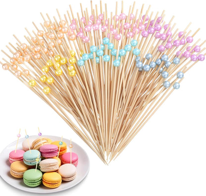 Reallnaive 600 Pcs Cocktail Pick Pearl Fancy Toothpick for Appetizer 4.7 Inch Long Skewer for Drink Fruit Food Bamboo Stick Wedding Bridal Shower Decoration Charcuterie Accessories (White)