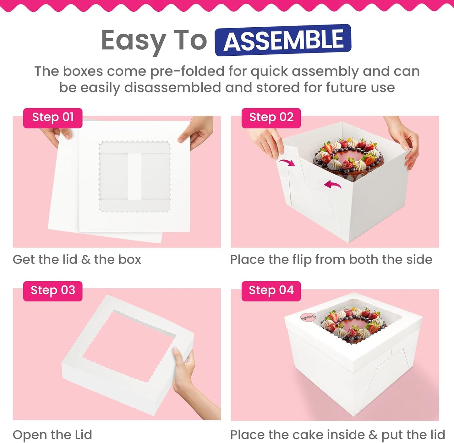 RICCLE 15pcs Cake Boxes, 10x10x8 Inches Tall Cake Box with Window, Large White Bakery Boxes, Baking Boxes, Square Cardboard Cake Box for Multi-Layer Cakes, Cake Decorating Supplies, Valentines Day