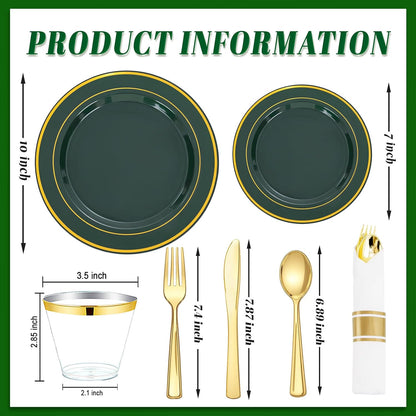 350 Pieces Black and Gold Plastic Plates with Disposable Silverware, Include 50 Dinner Plates 9”, 50 Dessert Plates 6.3”, 50 Black Cups 9 OZ, 50 Pre Rolled Napkins for Wedding Party Graduation