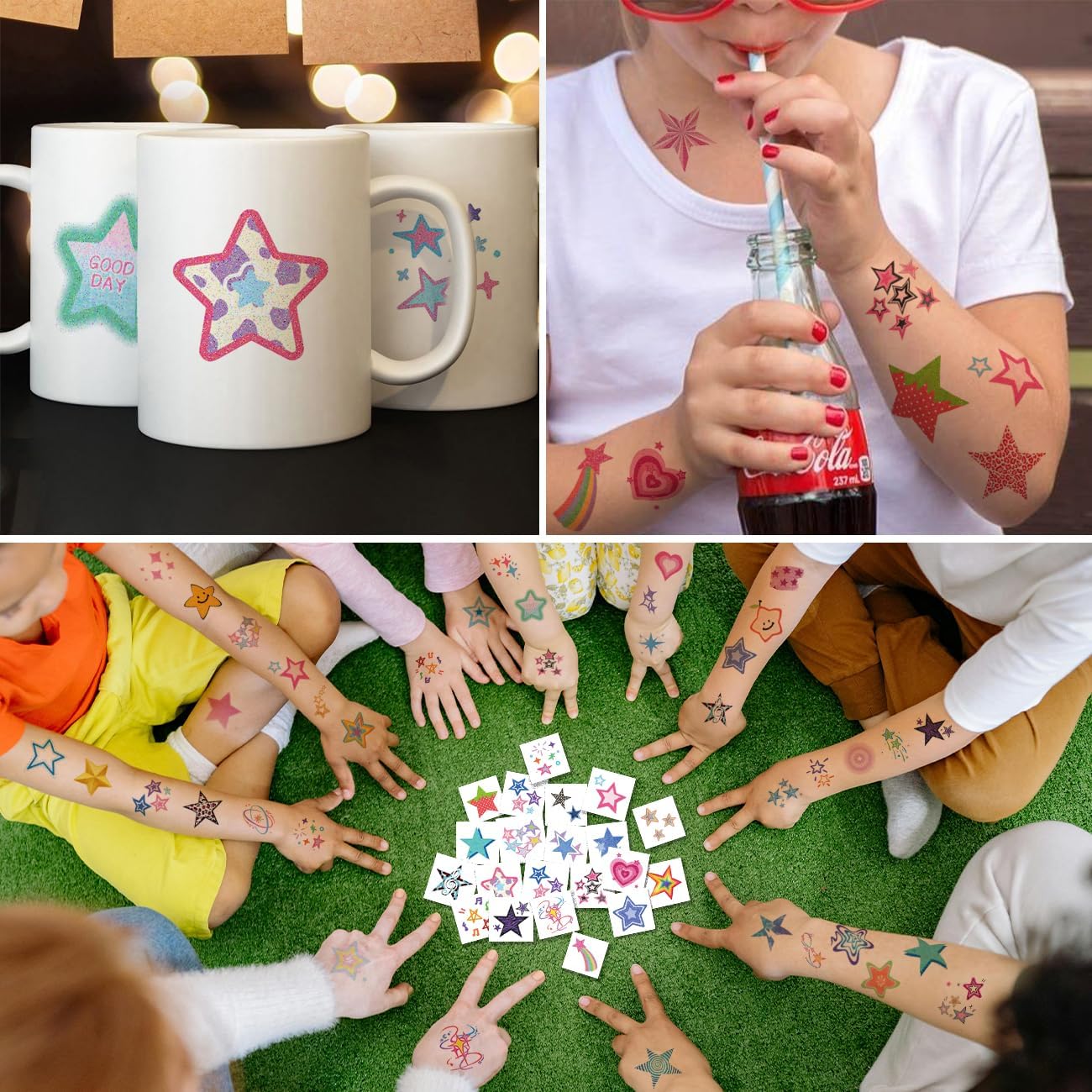 CHARLENT Glitter Stars Temporary Tattoos for Kids - 74 Individually Sheets | Waterproof & Easy Peel | Perfect for Kids Birthday Party Favors, School Rewards