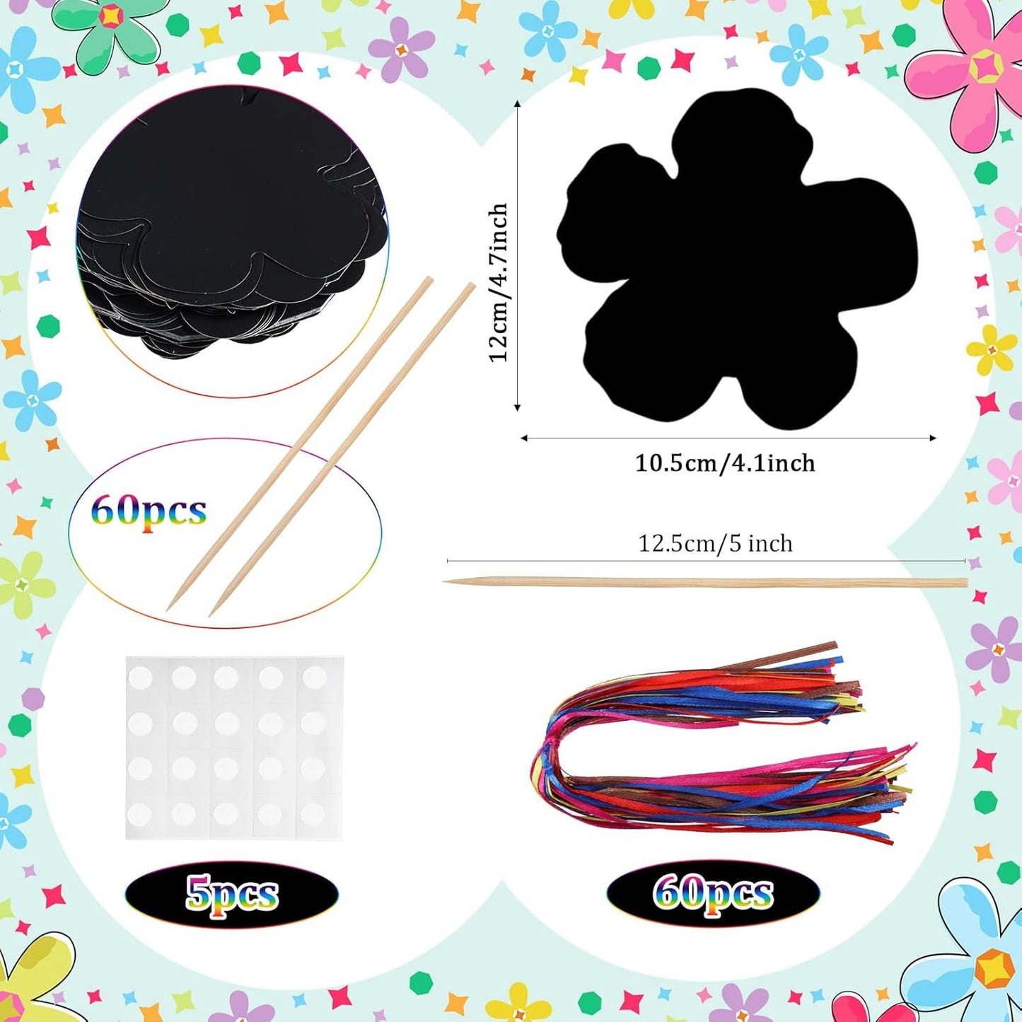 Hungdao 60 Pcs Flowers Scratch Cards Summer Scratch Paper for Kids Crafts with Bamboo Stylus and Ribbon for Home Classroom School DIY (Flower)