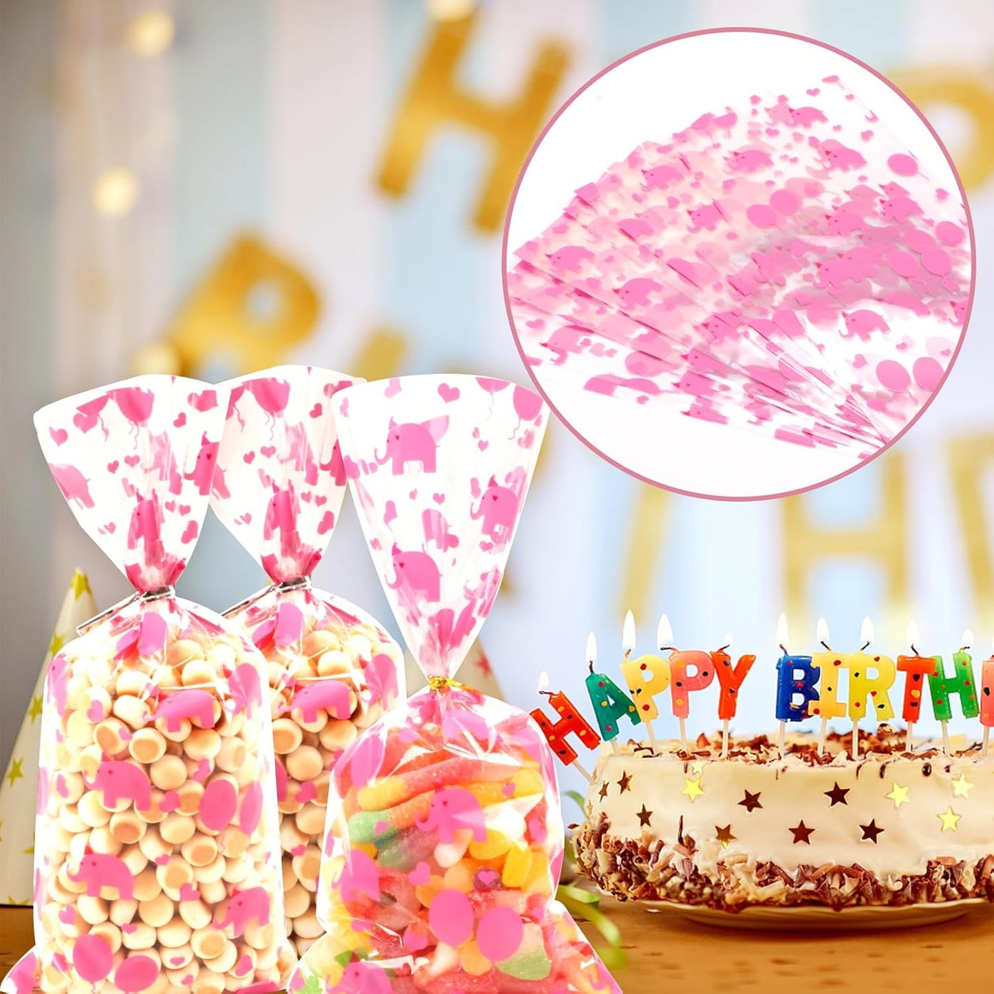 100 Pcs Star Printed 5"X 7" Gift Wrap Cello Cellophane Treat Bags Party Favor bags Clear Candy Cookie Bag Plastic Poly Goodie Storage Bag with Twist Ties for Bakery,Birthday, Wedding ,Party Decorations (Gold)