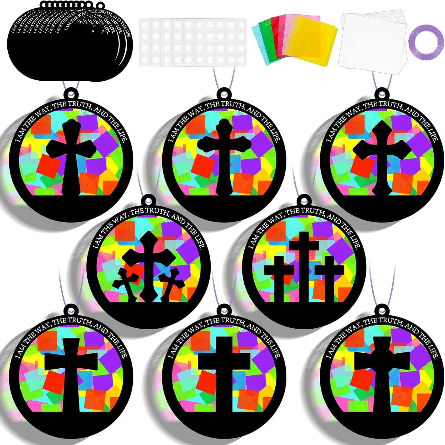 QOUBAI 32 Sets Stars Suncatchers Craft Back to School DIY Stained Glass Window Patriotic 4th of July Paper Craft Home School Classroom Decor Kid Birthday Gift Creative Art Activity Game - Colors B