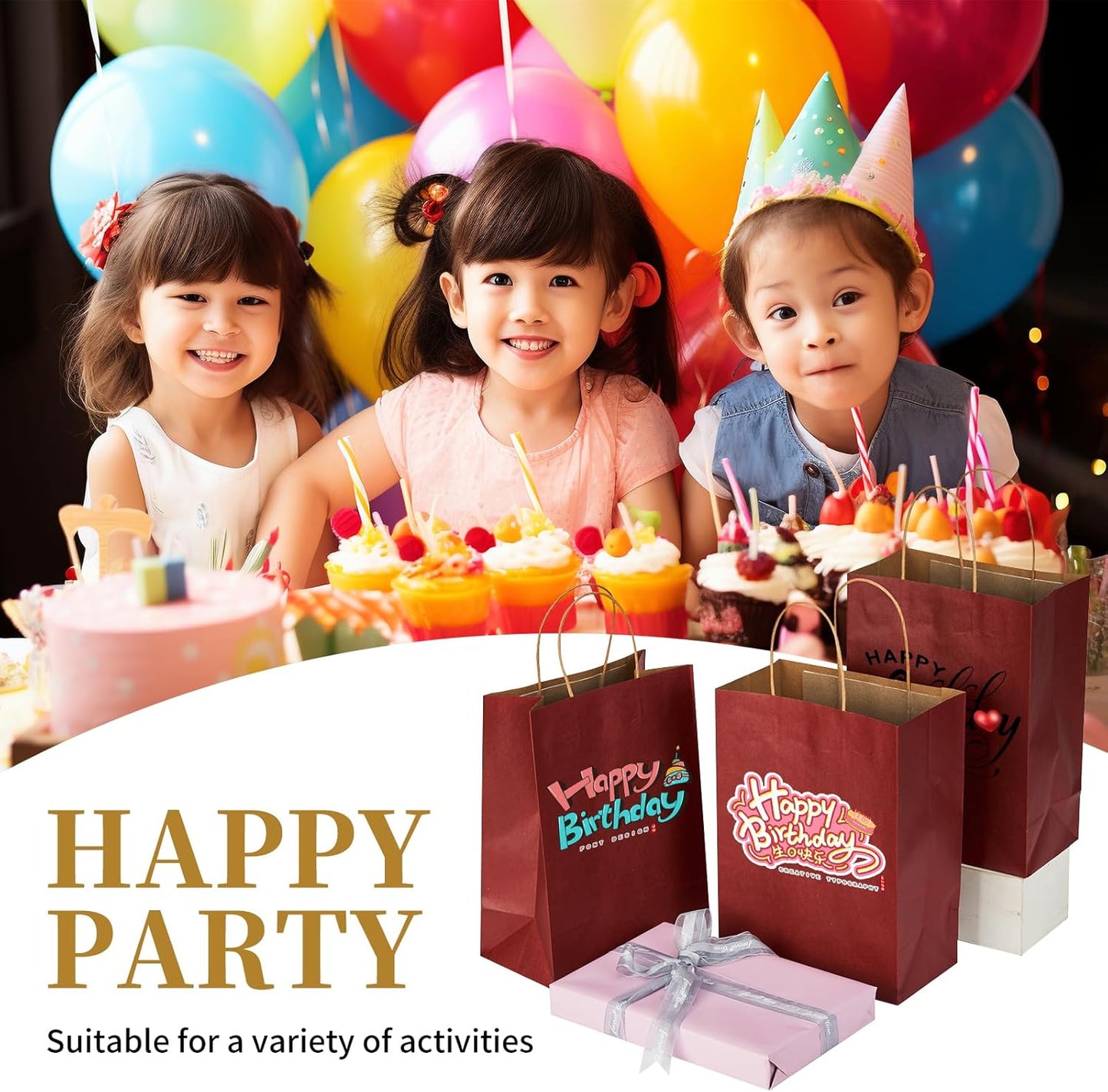 RACETOP 32 Pack Small Paper Gift Bags with Handles, 5.8"×3.2"×8.25" Kraft Paper Party Favor Bags Bulk for Kids Birthday, Baby Shower, Crafts, Wedding, Party Supplies (8 Colors)