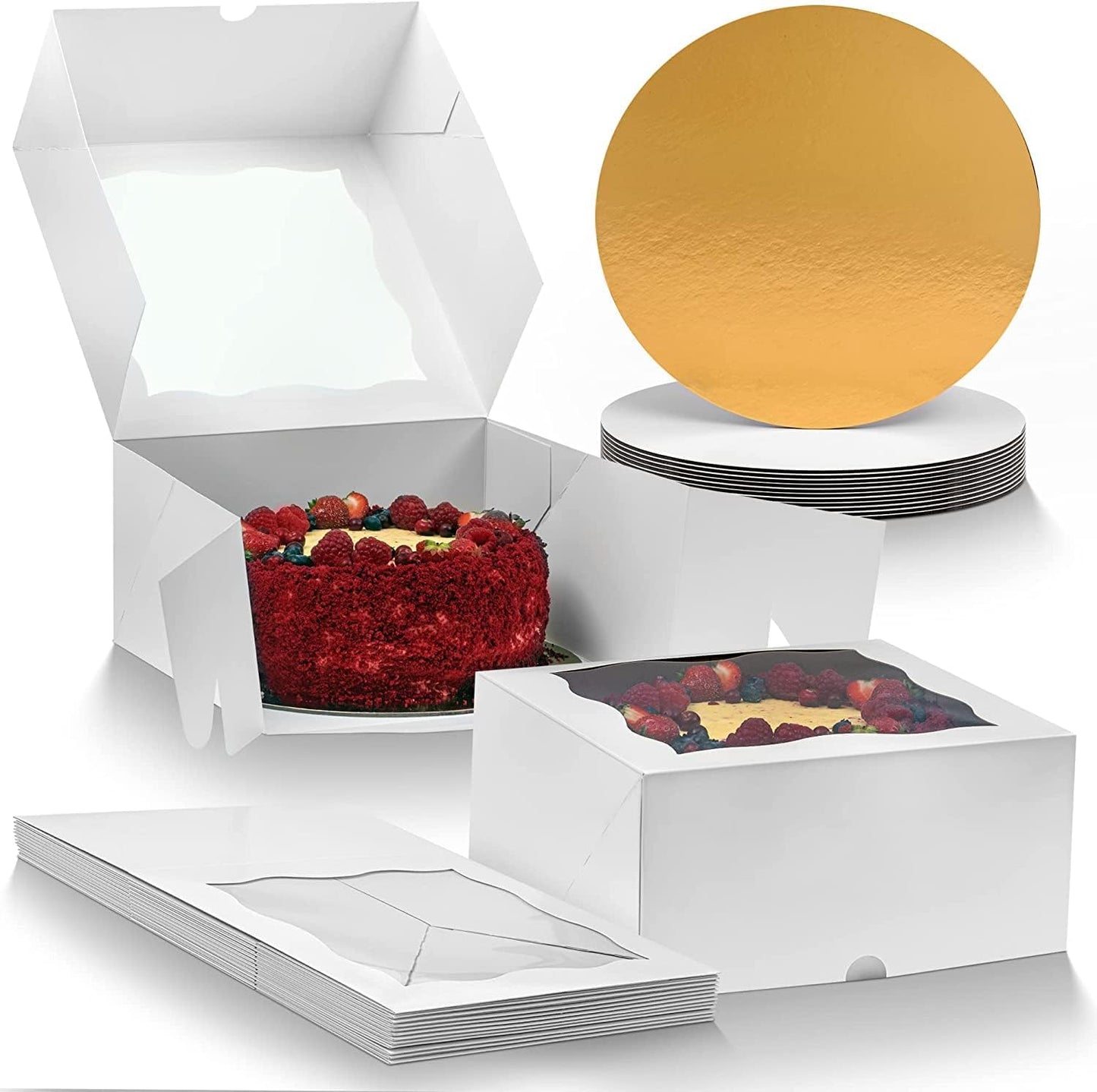 Premium Cake Boxes with Cake Boards Set - 12 Front-Loading Sturdy Cardboard Cake Boxes 10", 12 White/Gold Greaseproof Boards 10 Inch - Window Cake Box Set