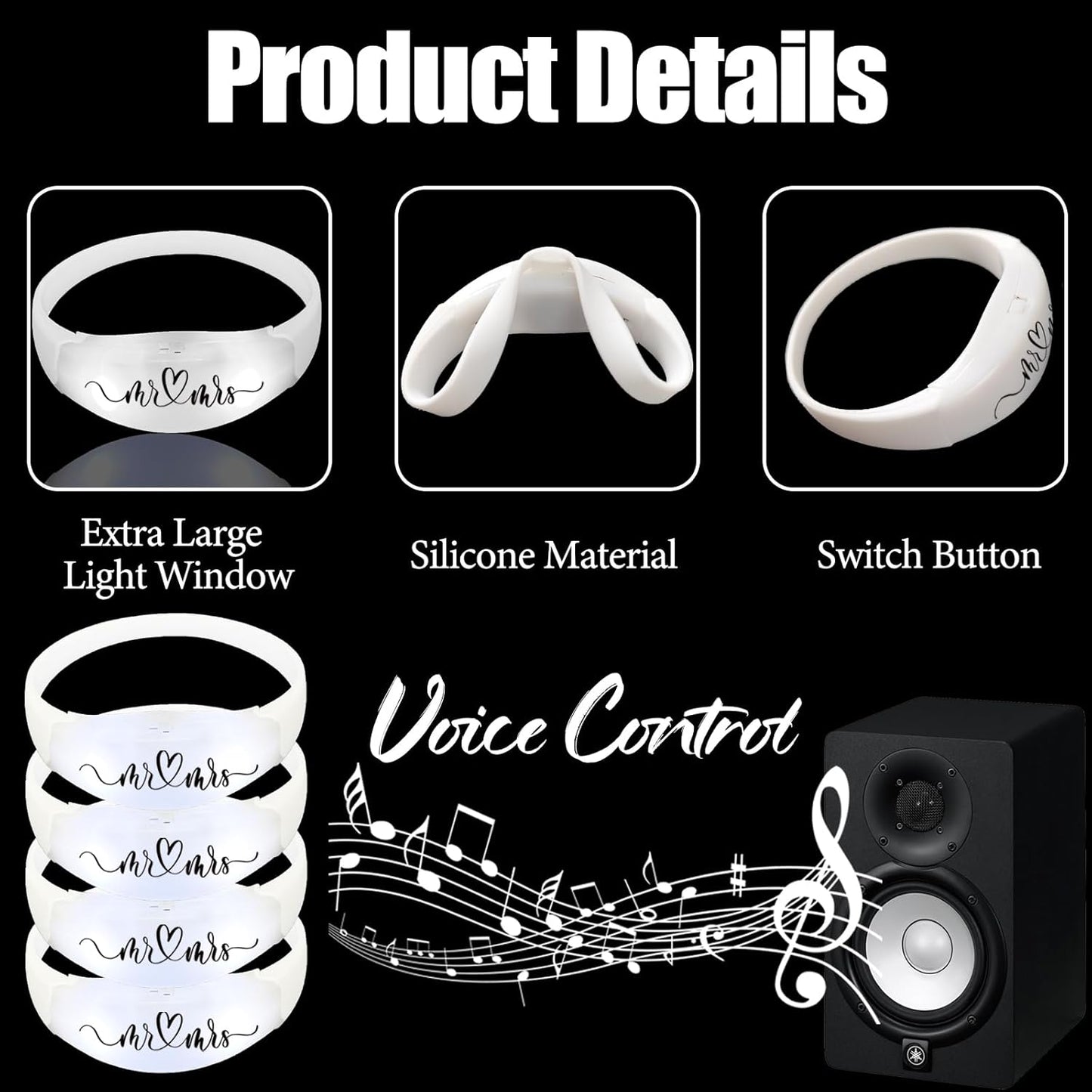 24 Pcs Wedding Sound Activated LED Glow Bracelets Light Up Bracelets for Adults Glow in the Dark Bracelets Neon Supplies for Concert