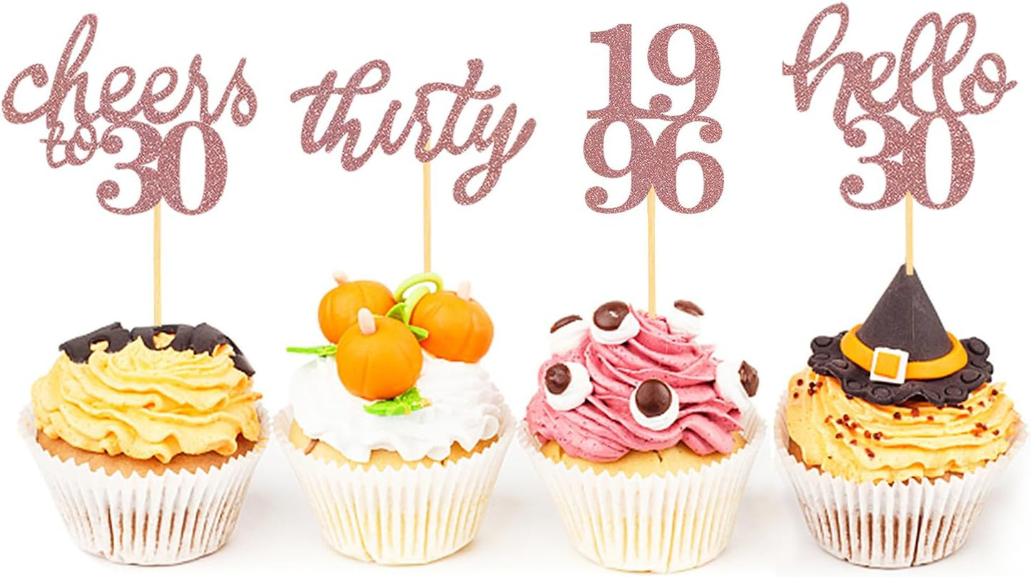 24 PCS Glitter 30th Birthday Cupcake Toppers for Celebrating Thirty Years Old Birthday Party Decorations for 30th Anniversary Party Supplies (Gold)