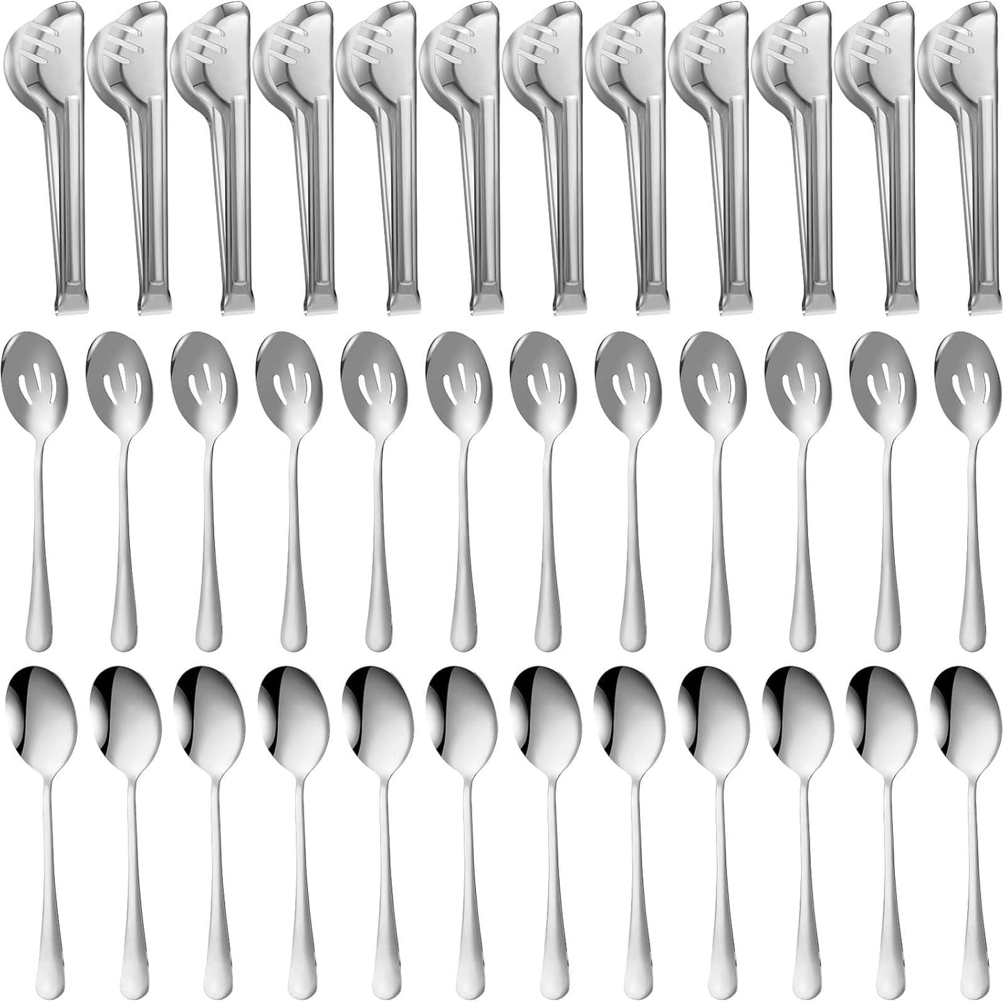 Sabary 36 Pcs Stainless Steel Serving Utensils for Buffet Parties Including 12 Serving Spoons 12 Slotted Spoons 12 Serving Tongs Large Metal Flatware Set for Tanksgiving Catering Banquet(Gold)