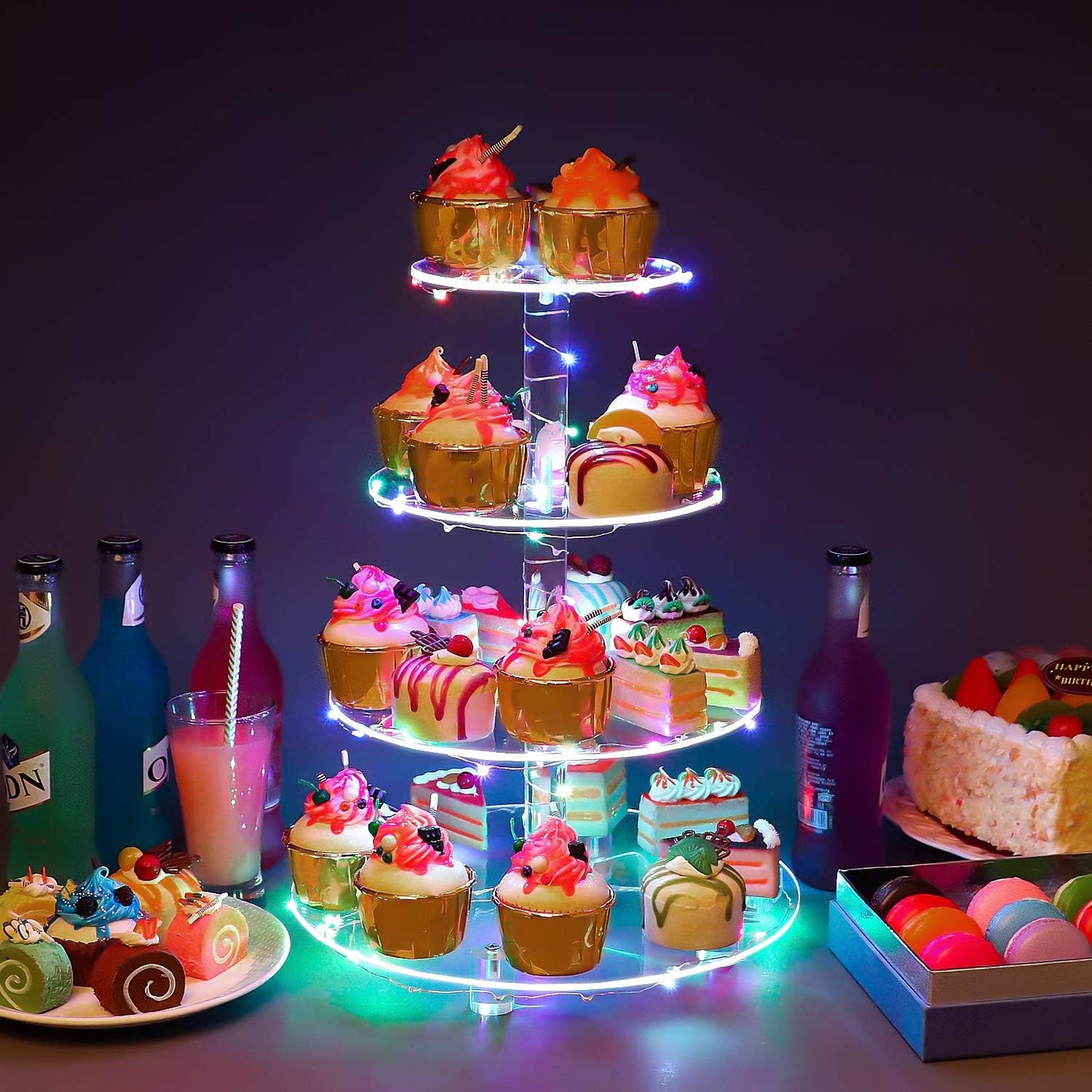 YestBuy Cupcake Stand with Yellow Led Lights, 4 Tier Cupcake Stand for 50 Cupcakes, Acrylic Cupcake Tower Stand, Clear Tiered Cupcake Holder for Birthday Cady Bar Décor Weddings, Parties Events