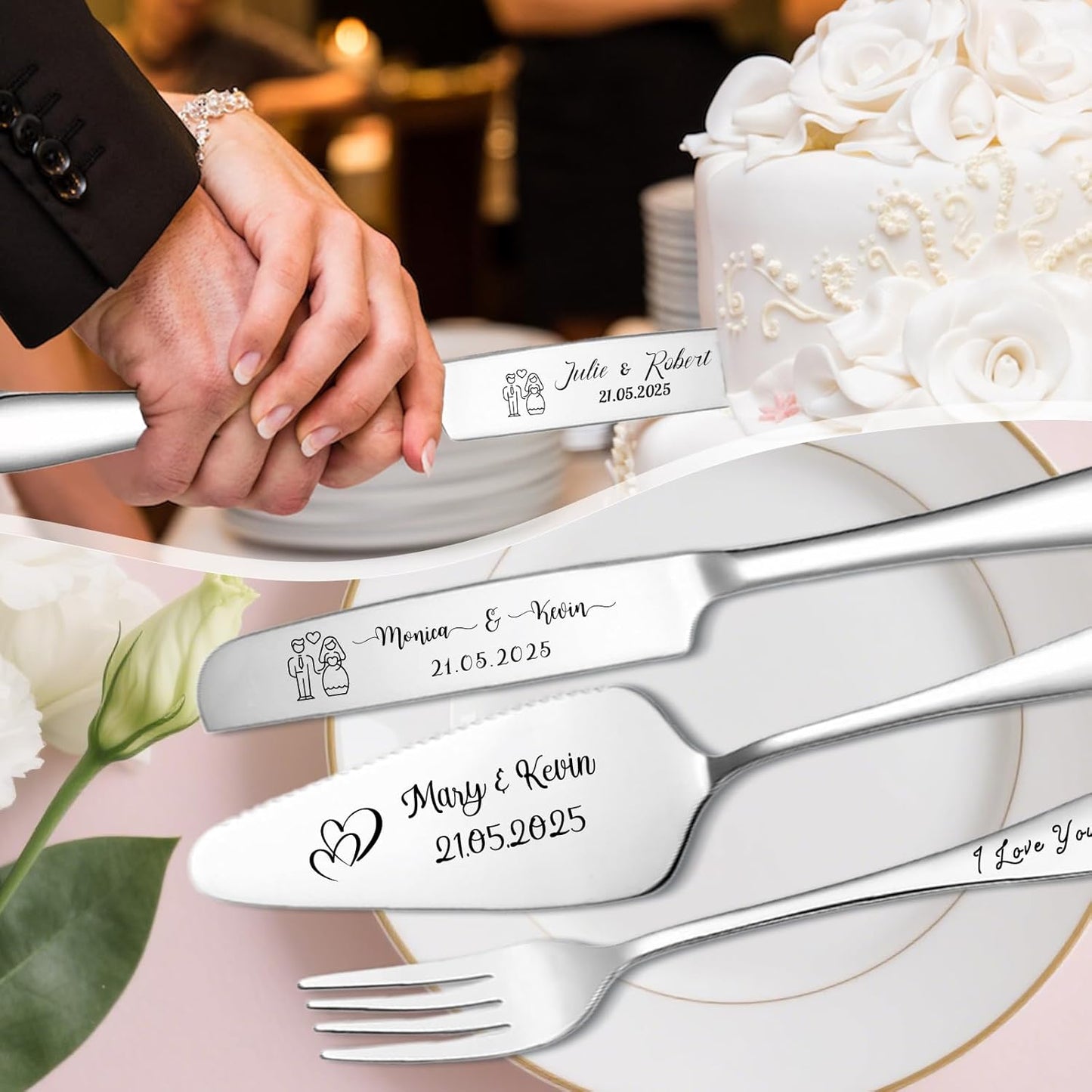 Personalized Cake Cutter Custom Wedding Cake Knife and Server Set Stainless Steel Cake Cutting Set Customize Gifts for Wedding Birthday (Black)