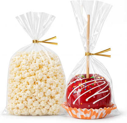 Wowfit 100 CT 6x10 Inch Clear Flat Cellophane Treat Bags with 6” Gold Twist Ties, Cello Packaging for Gift Wrapping, Decorations, and Food Storage