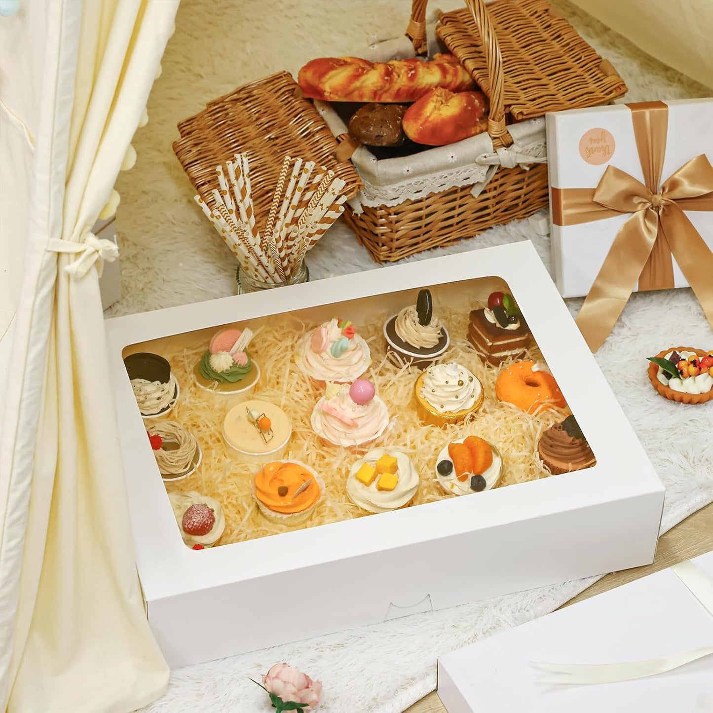 Moretoes 10pcs 19x14x4in Half Sheet Cake Boxes with Window, White Cookie Boxes, for Pastry Baking Cake Donuts Cupcake Pie Packaging