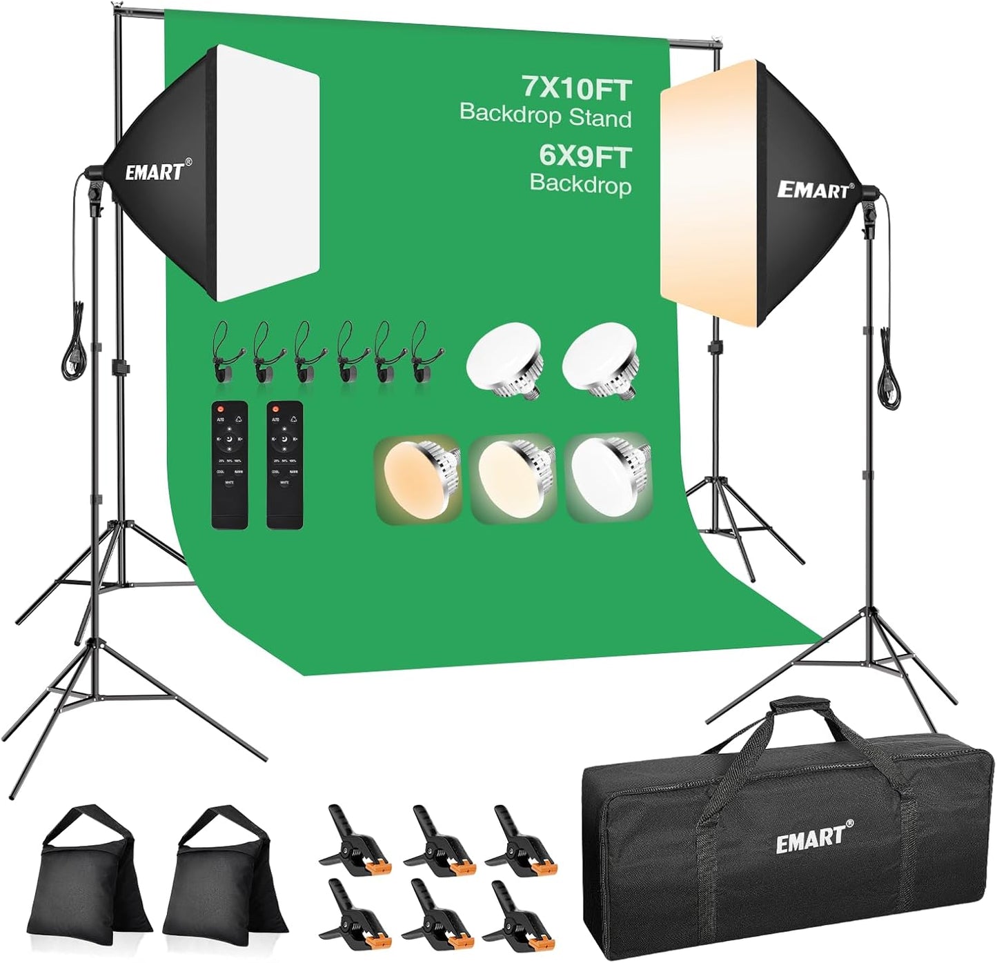 EMART 8.5 x 10 ft Backdrop Support System, Professional Photography Lighting Kit with 5500K 50W LED, 6 * 9ft Backdrop *3, Reflector,Umbrellas&Softbox Lighting Kit for Studio, Portrait, Video Shooting