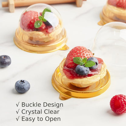 Zezzxu 50 Pack Mini Cake Containers, Clear Plastic Small Cupcake Boxes with Dome Lids for Individual Chocolate Covered Cookies, Strawberry, Mooncake (Gold)