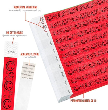 500 WristCo Yellow Smiley Face Tyvek Wristbands for Events - ¾” x 10” - Waterproof Recyclable Comfortable Tear Resistant Paper Bracelets Wrist Bands for Concerts Festivals Admission Party