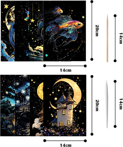 Georgie Porgy Scratch Paper Art Set for Kids Adults Magic Rainbow Scratchboards for DIY Arts and Crafts Kits Christmas Birthday Gift with Scratching Tools Kit (A4-Noctilucent Whale + Sea World)