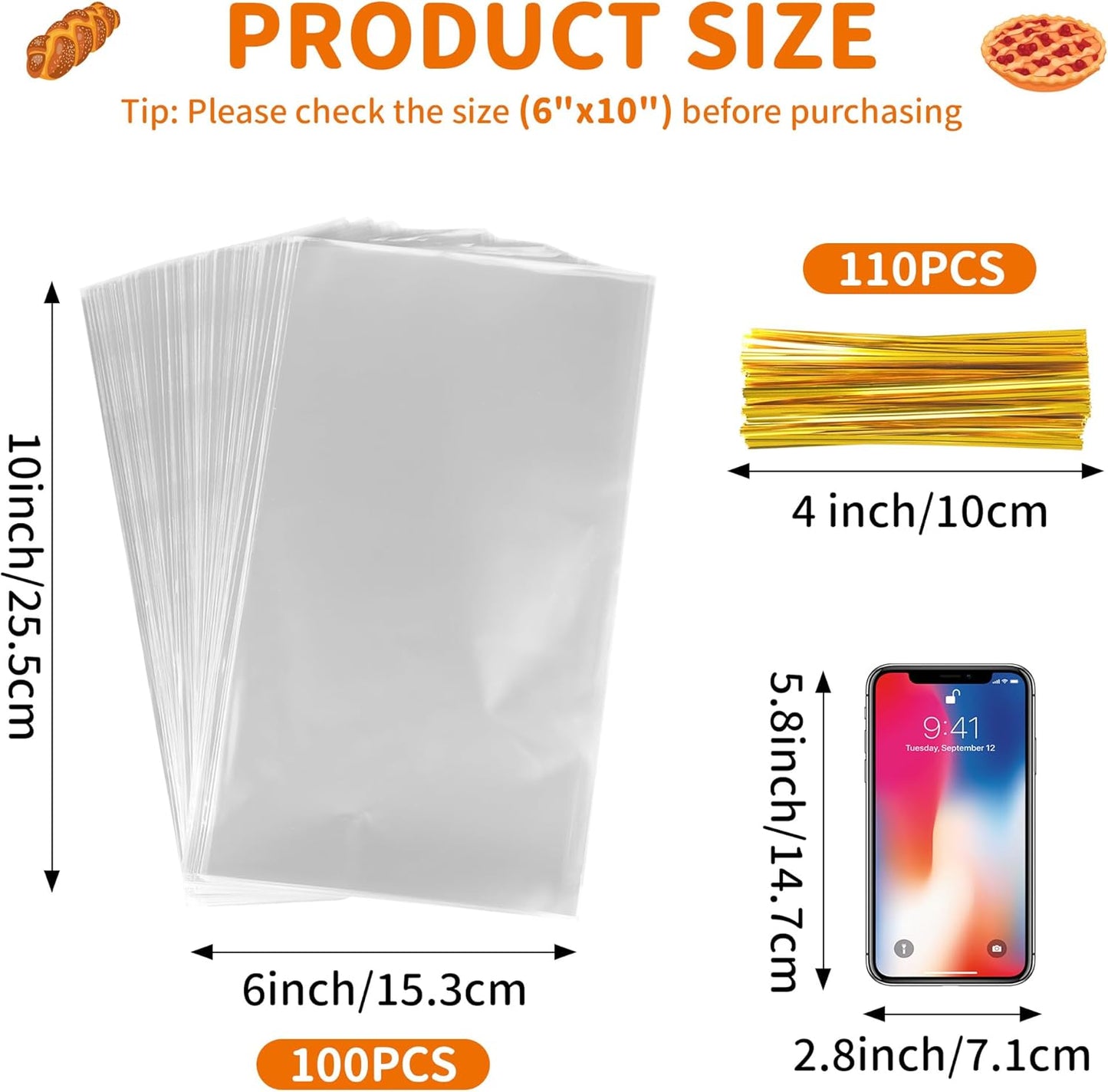 50pcs Clear Cellophane Treat Bags - 8 x 11 Inches Large Plastic Gift Bags with 60 Gold Twist Ties - Food Grade Cello Bags for Packaging Cookies, Candies, Popcorn, Bakery, Party Favors & DIY Crafts