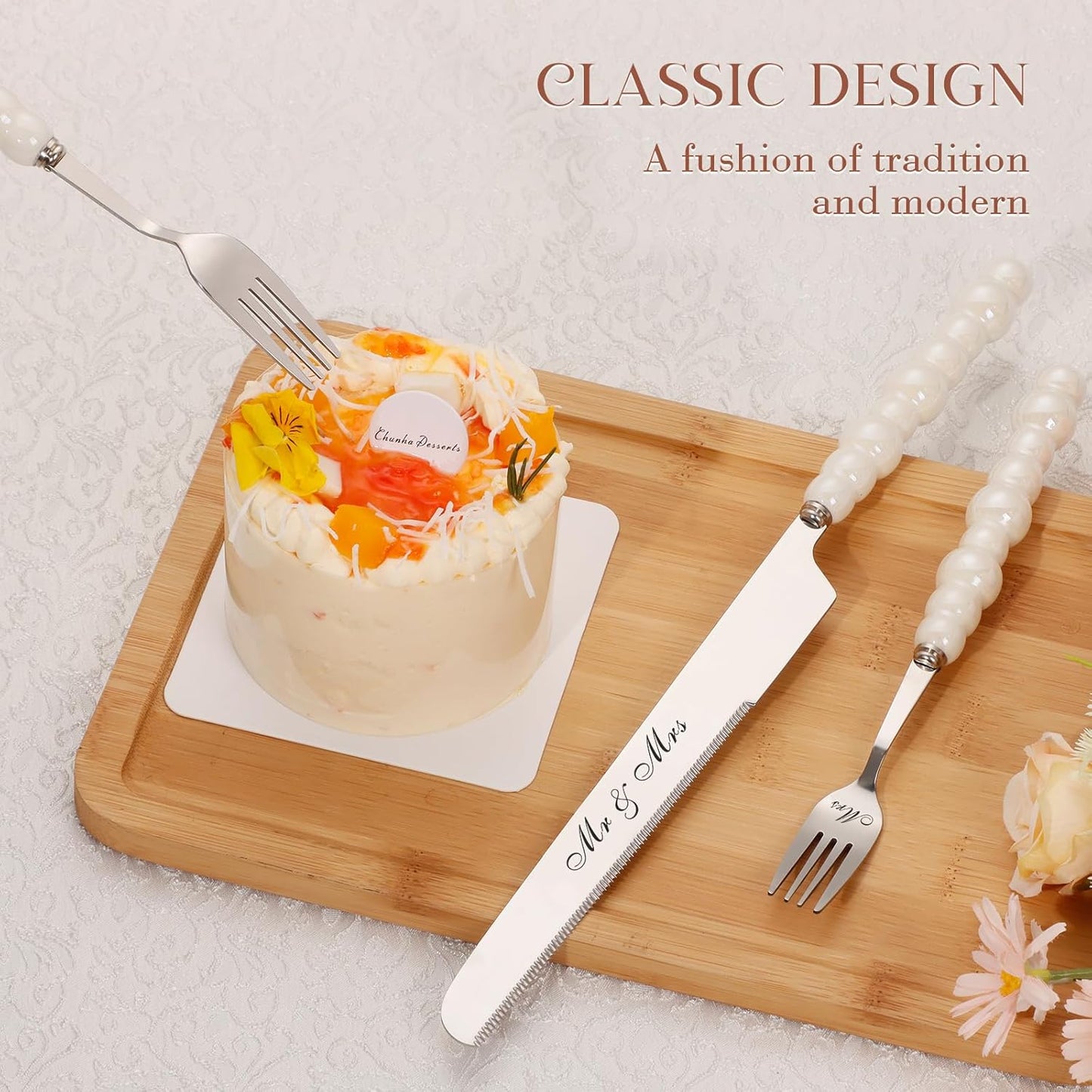 Pearl Wedding Cake Knife and Server Set with Forks, Cake Cutting Set with Stainless Steel Serrated Edges, Silver Pie Cutter Pizza Spatula, Gift for Bridal Couples Engagement (Mr & Mrs)