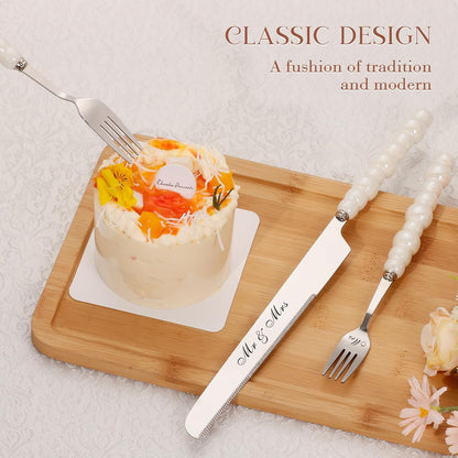 Pearl Wedding Cake Knife and Server Set with Forks, Cake Cutting Set with Stainless Steel Serrated Edges, Silver Pie Cutter Pizza Spatula, Gift for Bridal Couples Engagement (Mr & Mrs)