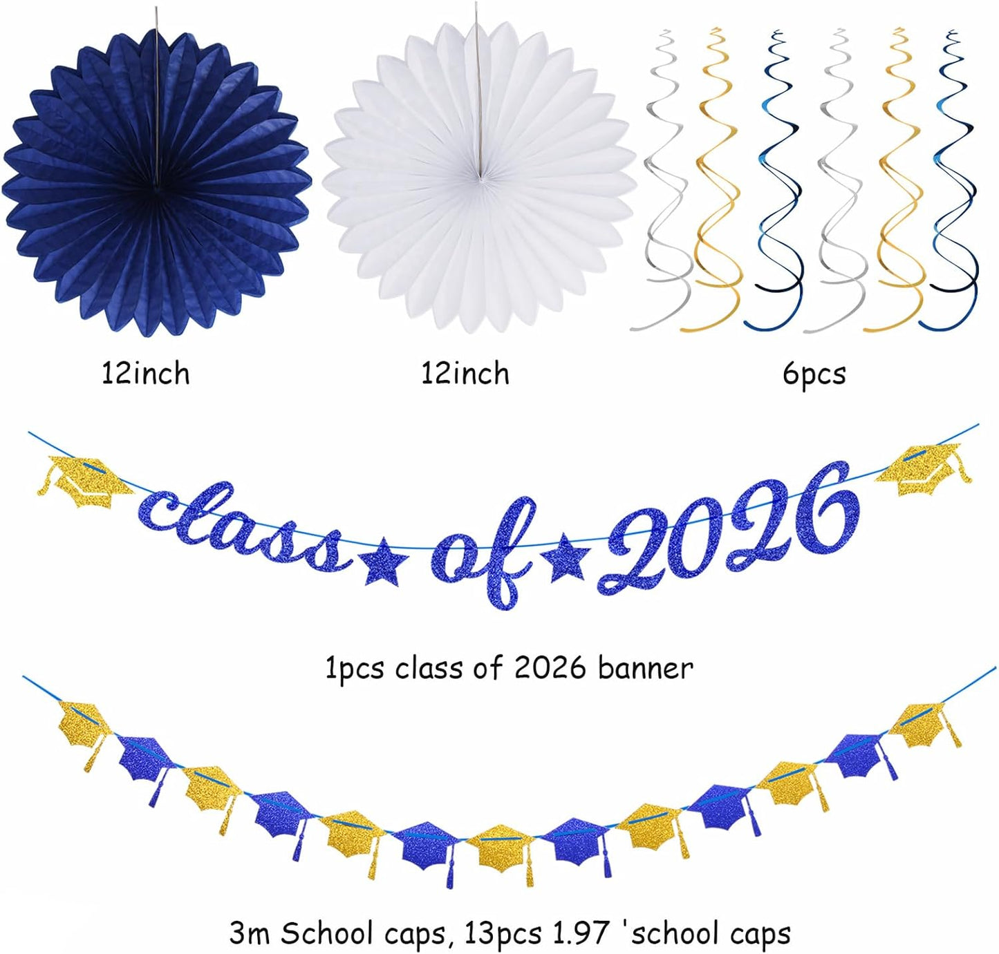 2026 Blue Class-Congratulations Prom Graduation Party-Decorations - 22pcs High School College Grad Supplies Decor,Royal Navy White Silver Tissue Pom Poms Streamers, Paper Flowers Lanterns Hugmoon