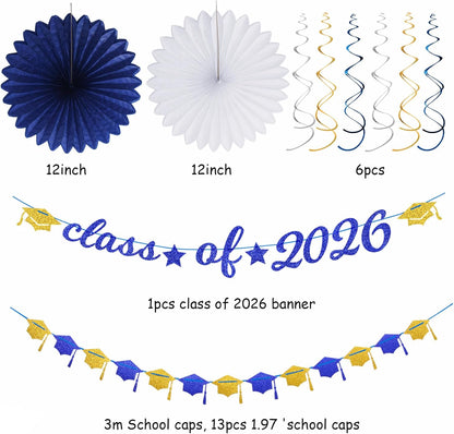 2026 Blue Class-Congratulations Prom Graduation Party-Decorations - 22pcs High School College Grad Supplies Decor,Royal Navy White Silver Tissue Pom Poms Streamers, Paper Flowers Lanterns Hugmoon