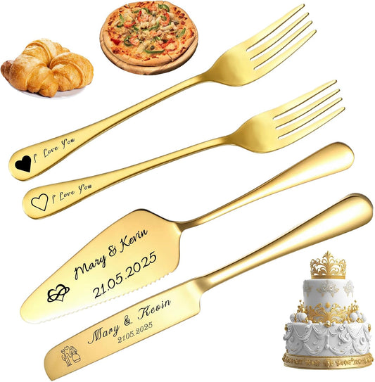 Personalized Wedding Cake Knife & Server Set, Custom Engraved Names/Date Stainless Steel Cutting Set | Bridal Anniversary Birthday Gift for Couple (Silver Cake Knife)