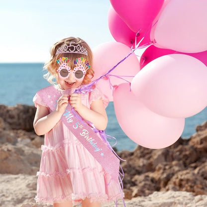 YARIEW 3rd Birthday Decorations, 3rd Glitter Purple Sash and Crown Kit with Happy Birthday Sunglasses, Tiara Princess Crown and Sash Party Outfit Accessory