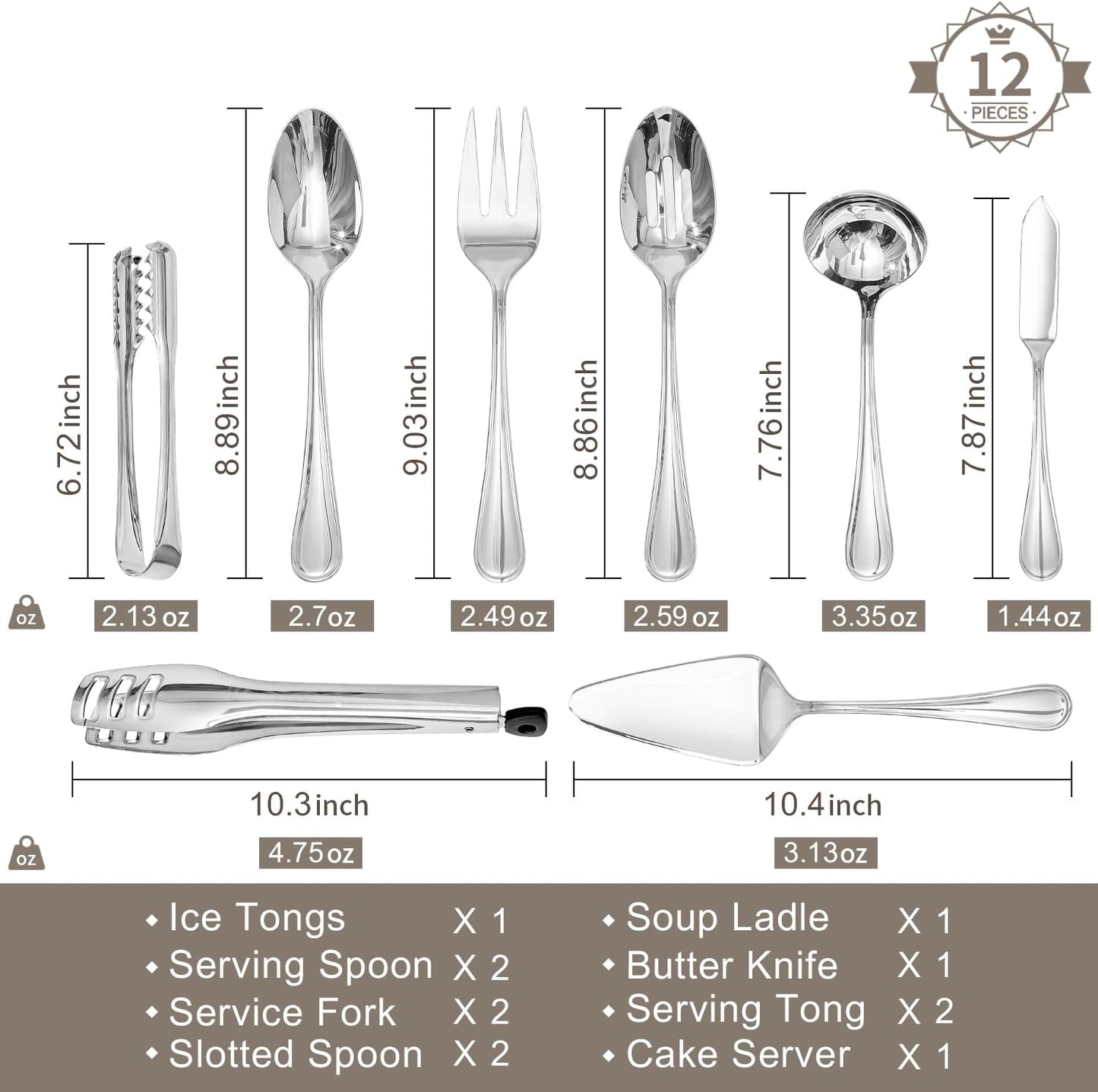 KINGSTONE 8 Piece Teardrop Serving Utensils Set, 18/10 Stainless Steel Serving Utensils, Slotted Spoons, Forks, Tongs, Cake Server, Butter Knife for Buffet, Catering, Wedding, Party