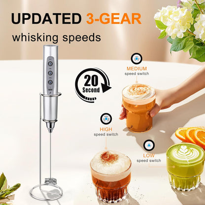 YUSWKO Black Handheld Milk Frother Wand for Coffee, Rechargeable Electric Whisk with 3 Heads 3 Speeds Drink Mixer Coffee Frother For Latte, Cappuccino, Hot Chocolate, Egg