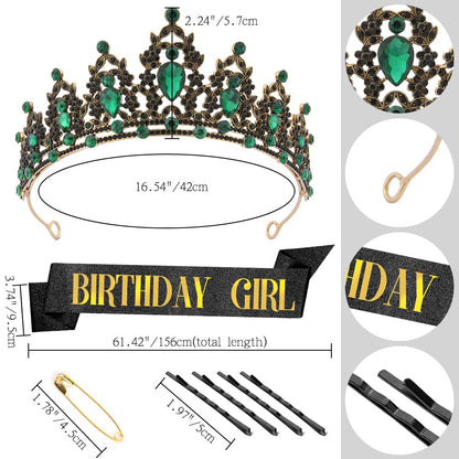 Silver Birthday Crown Headband with Sash for Women - Rhinestone Tiara for Birthday Parties