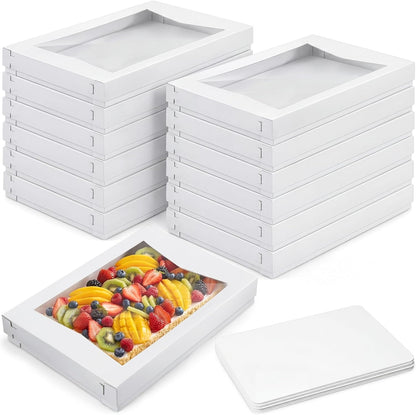 10 Sets 19 x 14 x 4 Inch Heavy Duty Half Sheet Cake Box with Window Include Corrugated Paperboard Cake Box Bottom Bakery Top Greaseproof Pad Tray for Dessert