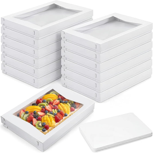 10 Sets 19 x 14 x 4 Inch Heavy Duty Half Sheet Cake Box with Window Include Corrugated Paperboard Cake Box Bottom Bakery Top Greaseproof Pad Tray for Dessert