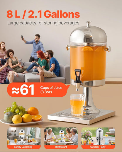 VEVOR Beverage Dispenser, 2.1 Gallon x 2 Drink Dispenser for Parties, Stainless Steel + Plastic Juice Dispensers with Spigot Ice Chamber Tray, Iced Tea Lemonade Dispensers, for Restaurants, Hotels