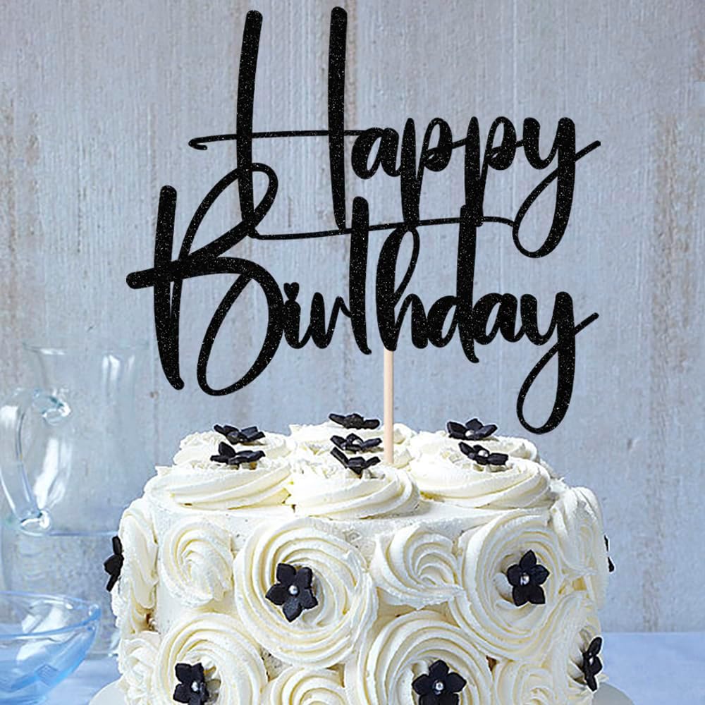 Happy Birthday Cake Topper,black Glitter Cake Pick Bunting Decor for Anniversary Birthday Party Cake Decorations Supplies