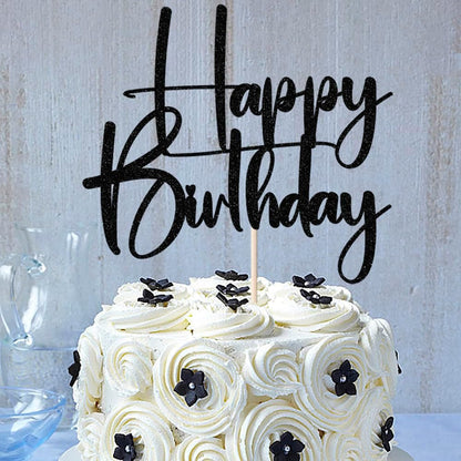 Happy Birthday Cake Topper,black Glitter Cake Pick Bunting Decor for Anniversary Birthday Party Cake Decorations Supplies