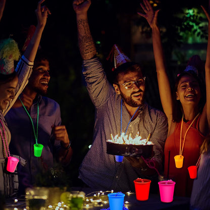 Sureio 24 Pieces Shot Glass Necklaces Light Up Necklace Shot Glasses Glow in the Dark Neon Plastic Shot Necklace Cups on Beaded for Halloween Christmas Wedding Glowing Party Favor, 6 Colors